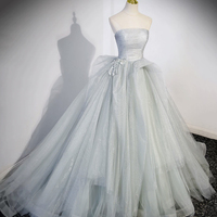 Gray Strapless Long Formal Dress, Gray Tulle Evening Dress Party Dress - Thumbnail 1