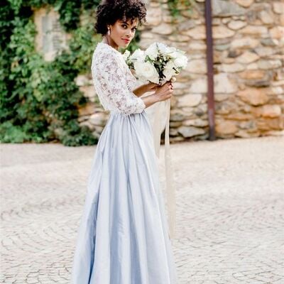 Simple two pieces white and blue lace beach boho wedding dress bridal dress - Thumbnail 2