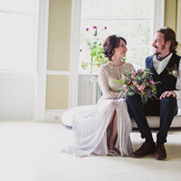 Simple White and Grey A Line Chiffon Lace Beach Boho Wedding Dress Bridal Dress - Thumbnail 2