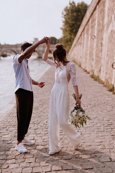  Simple Sheath Lace Beach Boho Wedding Jumpsuit Bridal Jumpsuits