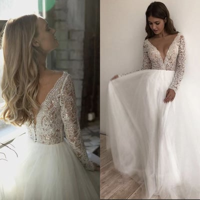 V neck wedding dresses bridal gown with sleeves - Thumbnail 1