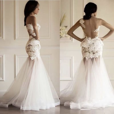 Sheer neck wedding dresses bridal gown with lace appliques - Thumbnail 2