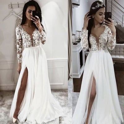 Deep v neck wedding dresses bridal gown with sleeves slit side - Thumbnail 2