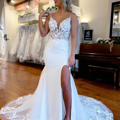 Charming mermaid v neck long wedding dresses with lace,1566 - Thumbnail 1