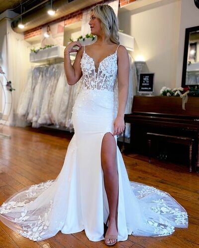 Charming Mermaid V Neck Long Wedding Dresses with Lace,1566
