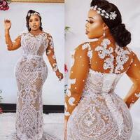 Fashion Plus Size Mermaid Lace Wedding Dresses Sheer Bateau Neck Long Sleeves Beaded Bridal Gown,1567 - Thumbnail 1