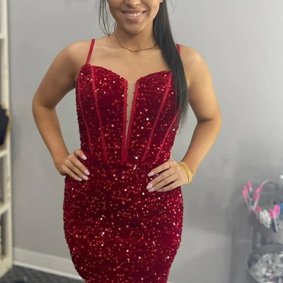 Fitted red sequins short homecoming dress with straps