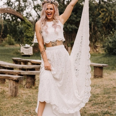 Two pieces bohemian wedding dresses a line appliques lace beach bridal gowns，1568 - Thumbnail 2