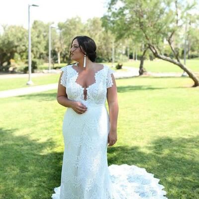 Lace mermaid wedding dresses ivory v neck sheath bohemian bridal gown plus size beach wedding dress,1569 - Thumbnail 3