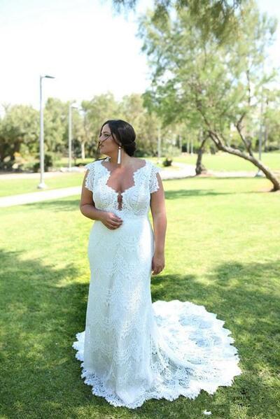 Lace Mermaid Wedding Dresses Ivory V Neck Sheath Bohemian Bridal Gown Plus Size Beach Wedding Dress,1569