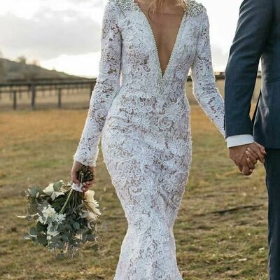 Stuuning mermaid lace long sleeves wedding dresses v neck beading bridal gowns,1572 - Thumbnail 2