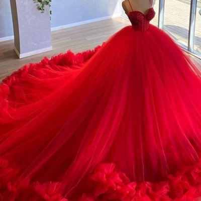 Beauty spaghetti straps red beading bodice tulle ball gown evening dress,1575 - Thumbnail 1