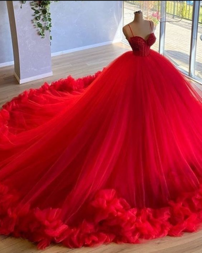 Beauty Spaghetti Straps Red Beading Bodice Tulle Ball Gown Evening Dress,1575