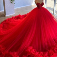Beauty Spaghetti Straps Red Beading Bodice Tulle Ball Gown Evening Dress,1575 - Thumbnail 1