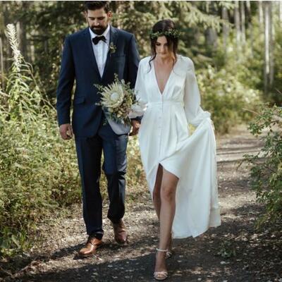 Simple a line side slit deep v neck long sleeve wedding dress bridal dress