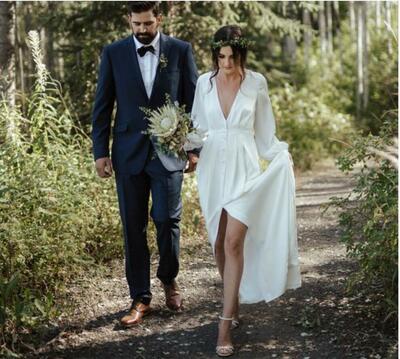 Simple A Line Side Slit Deep V Neck Long Sleeve Wedding Dress Bridal Dress