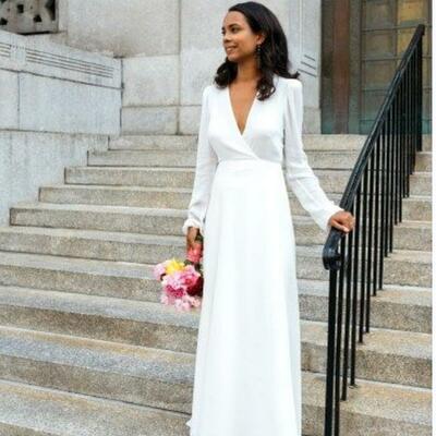 Simple a line deep v neck long sleeve wedding dress bridal dress