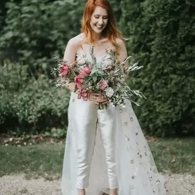 Simple sheath beach wedding jumpsuit bridal jumpsuit with shawl