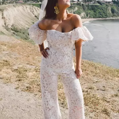 Simple sheath lace off the shoulder beach wedding jumpsuit bridal jumpsuit with shawl