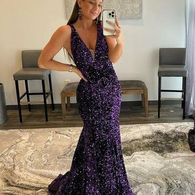 Mermaid purple deep v neck sequins long prom dresses - Thumbnail 2