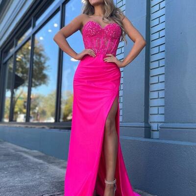 Charming hot pink sweetheart long prom dresses with slit