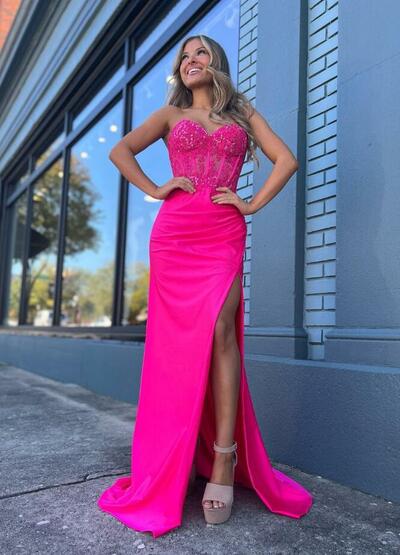 Charming Hot Pink Sweetheart Long Prom Dresses with Slit