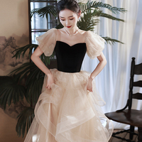 Cute Velevt Tulle Long Prom Dress, A-Line Off Shoulder Evening Dress - Thumbnail 1