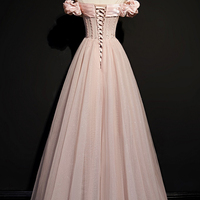 Pink tulle long A line prom dress pink evening dress,1582 - Thumbnail 1