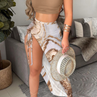 Solid Color Printed Sleeveless Two Piece Set - Thumbnail 2