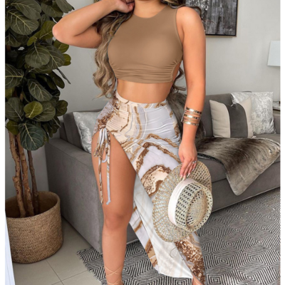 Solid color printed sleeveless two piece set