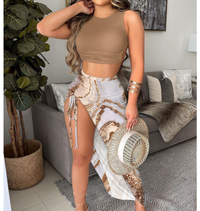 Solid Color Printed Sleeveless Two Piece Set