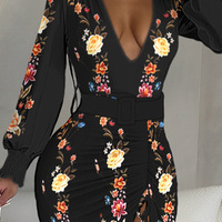 V-Neck Printed Long Sleeved Slit Dress - Thumbnail 1