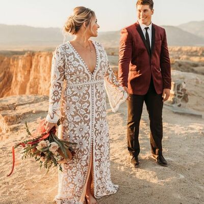 Champagne lace long sleeve side slit wedding dress bridal dress