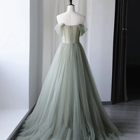 Green Tulle Sequins Long Prom Dress, Off Shoulder Evening Dress,1583 - Thumbnail 2