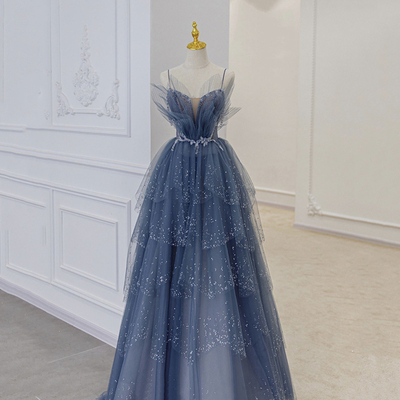 Blue tulle beads long ball gown dress blue formal dress,1584