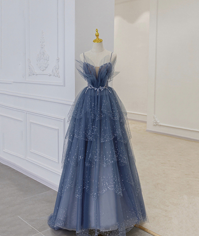 Blue Tulle Beads Long Ball Gown Dress Blue Formal Dress,1584