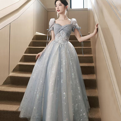 Cute tulle short sleeves formal dress with lace, lovely blue long prom dress - Thumbnail 3