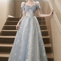 Cute Tulle Short Sleeves Formal Dress with Lace, Lovely Blue Long Prom Dress - Thumbnail 1