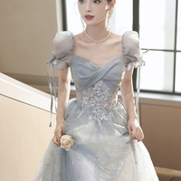 Cute Tulle Short Sleeves Formal Dress with Lace, Lovely Blue Long Prom Dress - Thumbnail 2