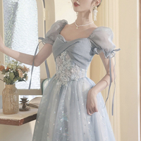 Cute Tulle Short Sleeves Formal Dress with Lace, Lovely Blue Long Prom Dress - Thumbnail 3