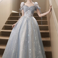 Cute Tulle Short Sleeves Formal Dress with Lace, Lovely Blue Long Prom Dress - Thumbnail 6