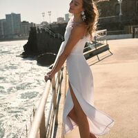 SImple Feathers One ShoulderTea-length Beach Boho Wedding Dress Bridal Dress - Thumbnail 1