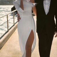 SImple Feathers One ShoulderTea-length Beach Boho Wedding Dress Bridal Dress - Thumbnail 4