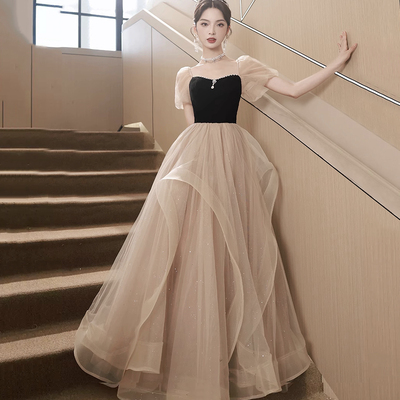 Cute tulle velvet formal dress, a-line short sleeves long prom dress - Thumbnail 1