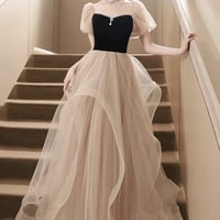 Cute Tulle Velvet Formal Dress, A-Line Short Sleeves Long Prom Dress - Thumbnail 1
