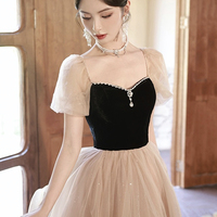 Cute Tulle Velvet Formal Dress, A-Line Short Sleeves Long Prom Dress - Thumbnail 2