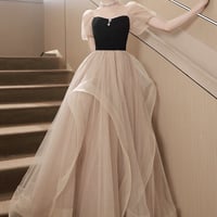 Cute Tulle Velvet Formal Dress, A-Line Short Sleeves Long Prom Dress - Thumbnail 4