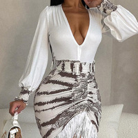 V-neck Sexy Long sleeved White Dress - Thumbnail 1