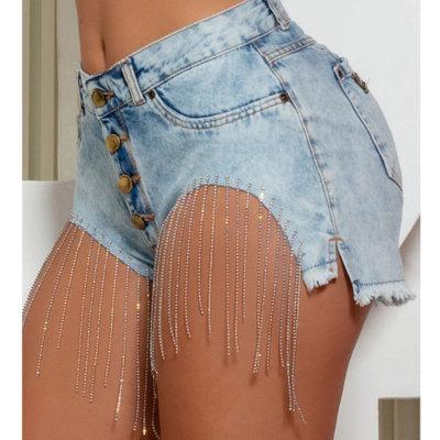 Diamond chain splicing single breasted tight denim shorts