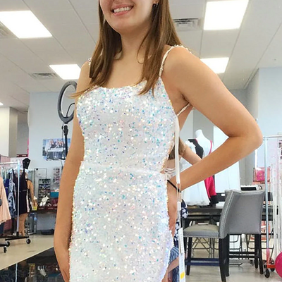 Cute white sequins spaghetti straps backless short homecoming dresses